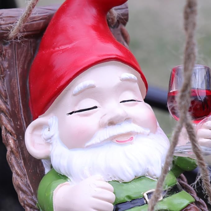 Funny Gnome Garden Hanging Decor, Cute Wine Drinking Gnome on Hammock Figurine for Outdoor Patio, Fence, Balcony, Porch & Garden Gift