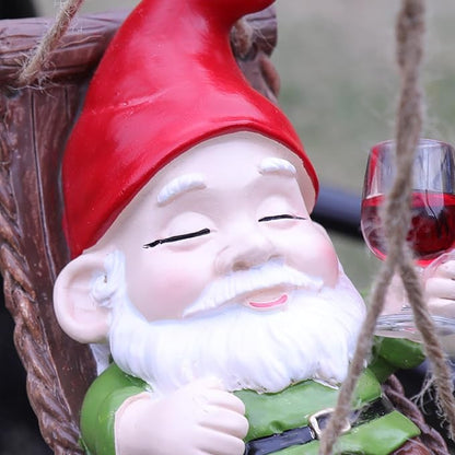 Funny Gnome Garden Hanging Decor, Cute Wine Drinking Gnome on Hammock Figurine for Outdoor Patio, Fence, Balcony, Porch & Garden Gift