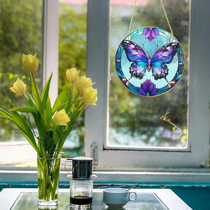 Butterfly Stained Glass Window Hanging, 7.8" Hand-Painted Sun Catcher Glass Panel Wall Art Decor with Chain, Butterfly Gifts for Women Mom Grandma, Outdoor Indoor Art Decor for Home Garden