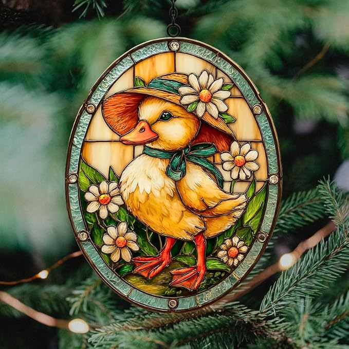 Warm Easter Duck Floral Mosaic Art Acrylic Suncatcher Stained Glass Effect Window Car Hanging Christmas Ornament Indoor Outdoor Decor Garden Sun Catcher Panel for Easter Lover for Women Mom Grandma