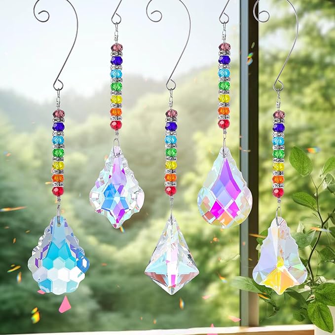 Pack of 5 Colorful Crystal Suncatcher Hanging Window Pendant Chandelier Drops Pendants,Hanging Glass Prisms Window Home Christmas Tree Decor