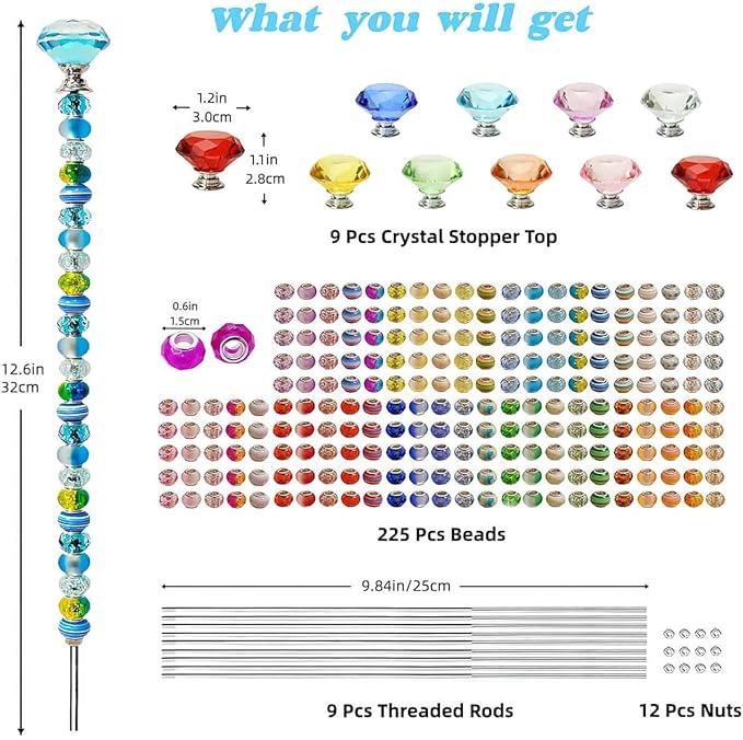 255Pcs Beaded Garden Stakes Kit with 225 Large Hole Beads, 12IN DIY Fairy Wand Kit for Different Holidays, Fairy Garden Accessories Outdoor, Beadable Items (Crystal Diamond)