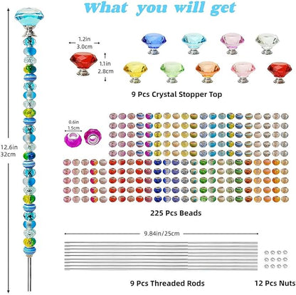 255Pcs Beaded Garden Stakes Kit with 225 Large Hole Beads, 12IN DIY Fairy Wand Kit for Different Holidays, Fairy Garden Accessories Outdoor, Beadable Items (Crystal Diamond)