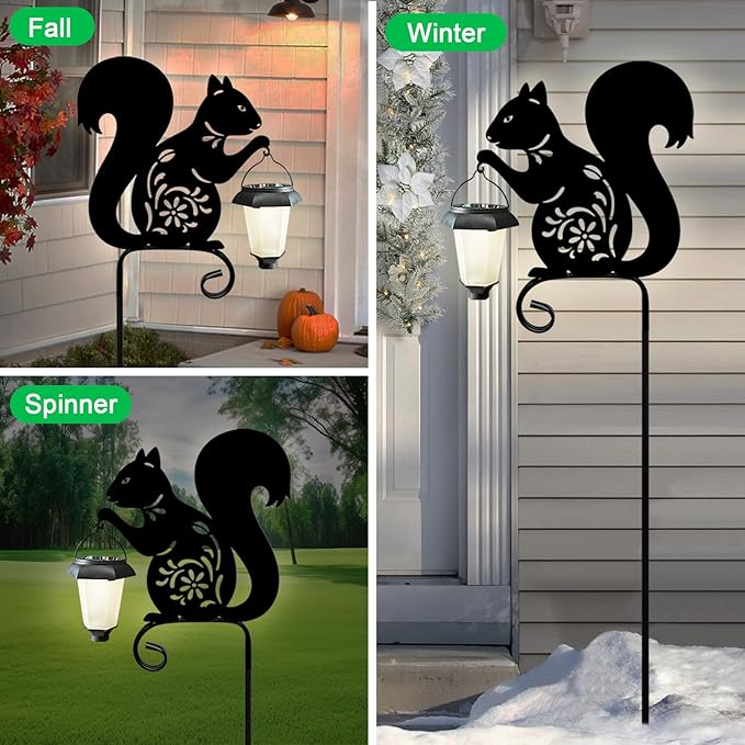 Metal Squirrel Garden Stake, Solar Lights Outdoor Solar-Powered with Lantern-Outdoor Waterproof Pathway and Garden Decorations (Black Squirrel)
