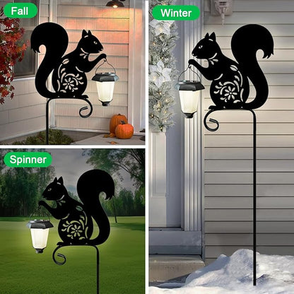 Metal Squirrel Garden Stake, Solar Lights Outdoor Solar-Powered with Lantern-Outdoor Waterproof Pathway and Garden Decorations (Black Squirrel)