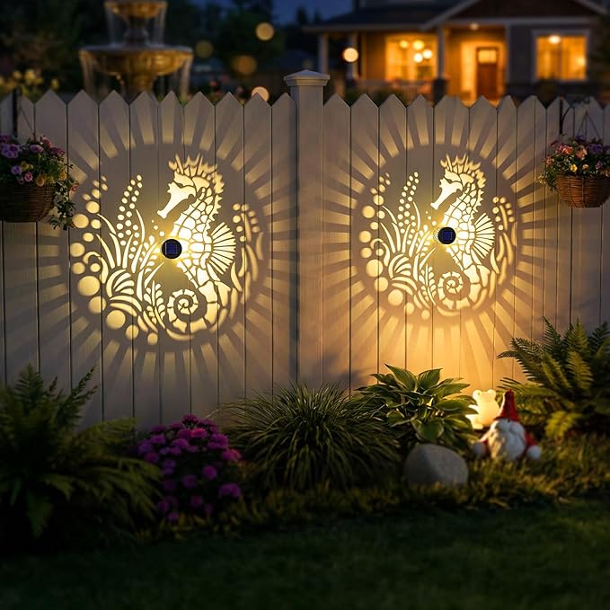 2 Pack Solar Fence Lights Outdoor Wall Lights Metal Solar Powered Deck Step Stair Lights Seahorse Theme Waterproof Fence Solar Light for Garden Post Patio Yard Decor, Gardening Gifts for Women Mom