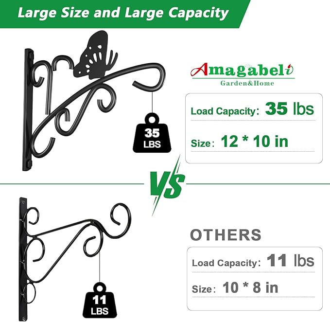 AMAGABELI GARDEN & HOME 4 Pack Hanging Plant Brackets Outdoor 11 inch Metal Fence Wall Plant Hanger Hooks for Hanging Flower Baskets Bird Feeders Lanterns Wind Chimes Rust-Resistant Black