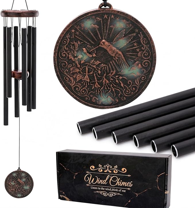Wind Chimes for Outside - Vintage Hummingbird Deep Tone Windchimes with Greeting Card Indoor Outdoor Patio Garden Yard Balcony Hanging Decor Memorial Birthday Gifts for Women Men Mom Dad