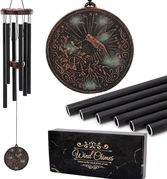 Wind Chimes for Outside - Vintage Hummingbird Deep Tone Windchimes with Greeting Card Indoor Outdoor Patio Garden Yard Balcony Hanging Decor Memorial Birthday Gifts for Women Men Mom Dad