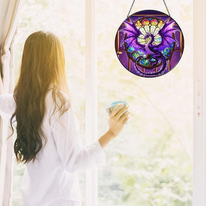 Purple Dragon Stained Glass Window Hanging Dragons SunCatcher Dragon Lovers Gifts for Kid Room Decor Handmade SunCatcher Decoration for Home Decor, 7.87inch