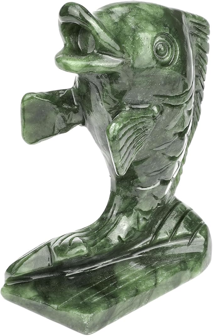 gemshan Jade Koi Fish Statue - 4.5 Inch Natural Jade Lucky Charm, Collector's Art Piece for Aquarium/Desk/Garden Feng Shui Arrangement
