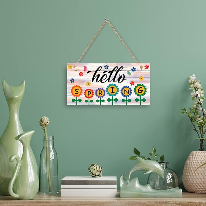 Hello Spring Sign – Hanging Farmhouse Wall Decor for Front Door, Kitchen, Living Room, Patio – Butterfly Indoor & Outdoor Holiday Decoration – House Warming Gifts New Home (Hello Spring 02)