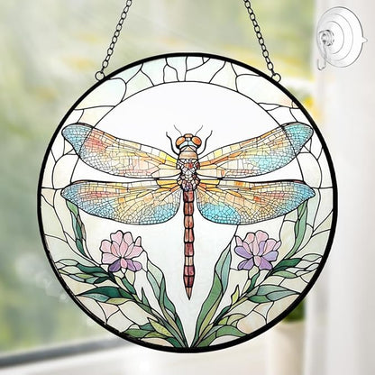 Dragonfly Flower Suncatcher Stained Glass Window Hanging - Dragonflies Decor Sun Catchers Glass Panel - Handmade Suncatchers for Home Garden Ornaments - Mother's Day Birthday Gifts for Women Men Mom