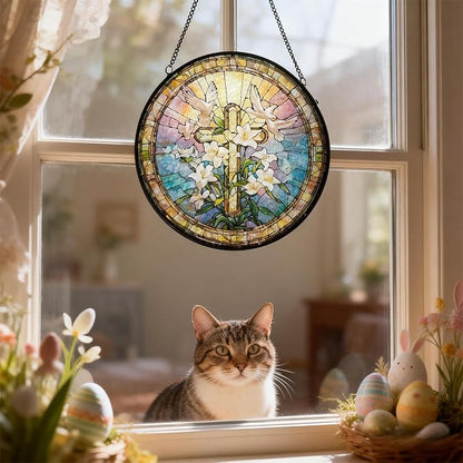 Stained Glass Window Hanging, Cross & Wildflowers Christian Faith Suncatcher Ornament Decoration, Hanging Home Decor for Door Garden Porch, Easter Birthday Religious Gift for Women Mom, 7.8 Inch