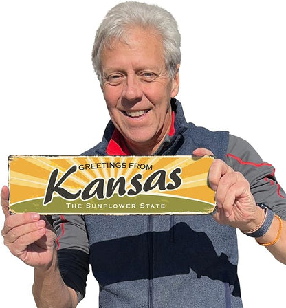 SmartSign 4 x 14 inch Greetings From Kansas State Vintage Metal Sign “Sunflower State”, 40 mil Rustproof Aluminum with Clear Overcoat, Retro Wall Décor, Multicolor, Made in USA