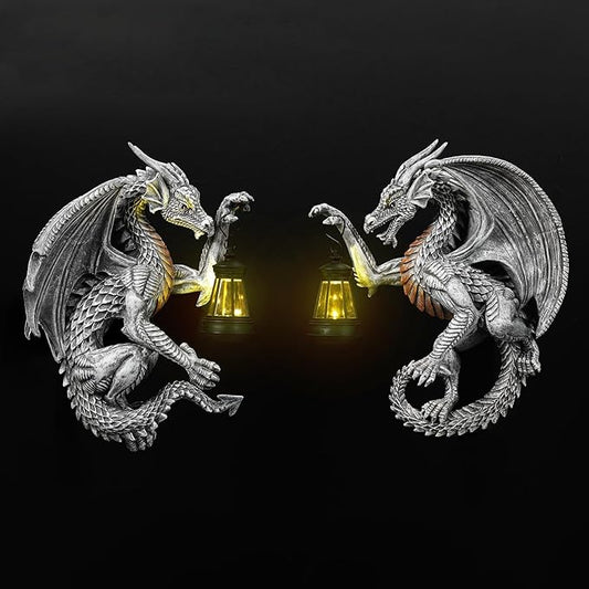Dragon Outdoor Porch Decor Hugger with Solar Lantern Gothic, Dragon Statue Garden Lights, Gifts for Mom, Housewarming Gifts for Women, Gifts for Christmas, Ideal Dragon Garden Decor-Pair
