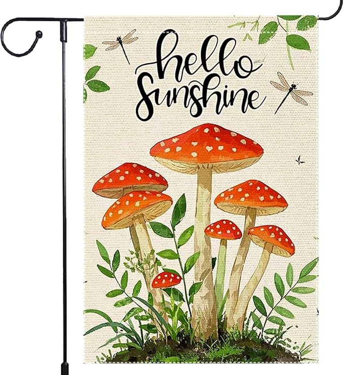Hello Sunshine Garden Flag 12x18 inch Double-Sided Small Burlap mushrooms Yard Outside Lawn Rustic Farmhouse Flags Decorations