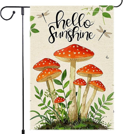 Hello Sunshine Garden Flag 12x18 inch Double-Sided Small Burlap mushrooms Yard Outside Lawn Rustic Farmhouse Flags Decorations