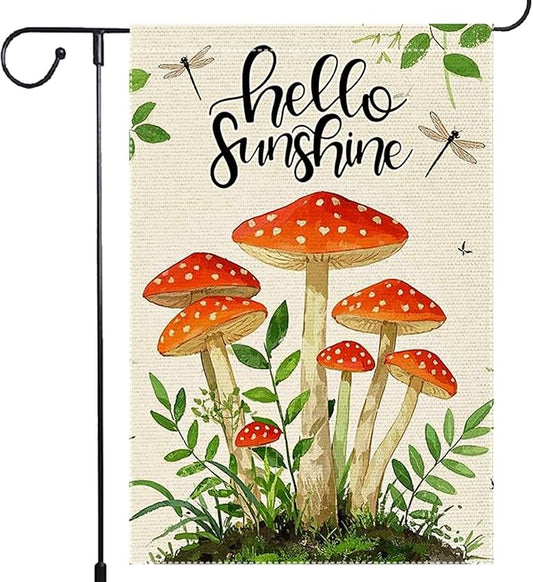 Hello Sunshine Garden Flag 12x18 inch Double-Sided Small Burlap mushrooms Yard Outside Lawn Rustic Farmhouse Flags Decorations