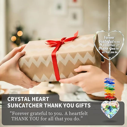 Crystal Heart Suncatcher with Engraved Thank You Message, Window Hanging Crystal Prism Sun Catcher Rainbow Maker, Appreciation Gratitude Gifts for Women Men Teacher Nurse Coworker