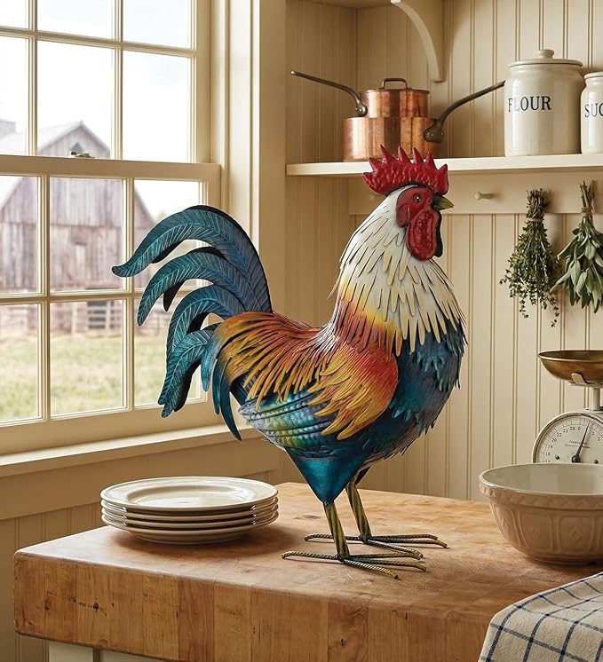 Regal Art & Gift Handcrafted Metal Rooster Statue, Weather-Resistant Farmhouse Yard Art, Indoor/Outdoor Garden Sculpture, Detailed Feather Design, Decorative Bird for Home & Garden, Duckwing, 21" H