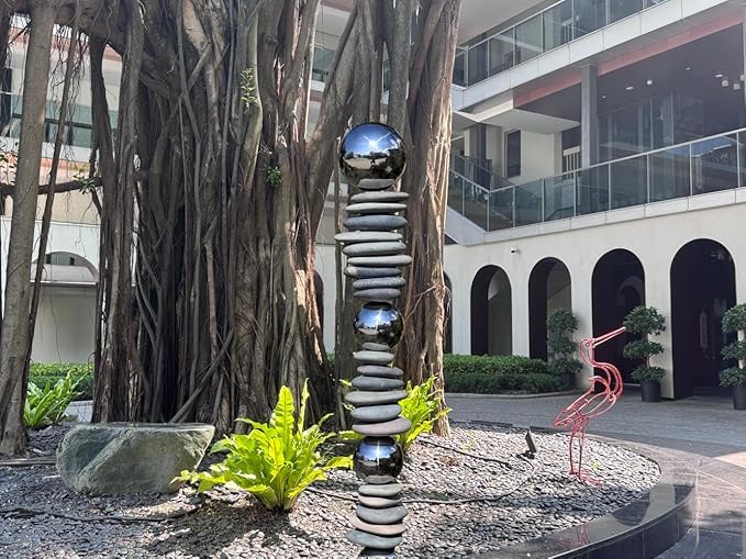 Zen Garden Ourdoor Decor - 32" Rock & Stainless Steel Sphere Sculpture Stake, Modern Yard Art for Landscape, Patio, or Pathway
