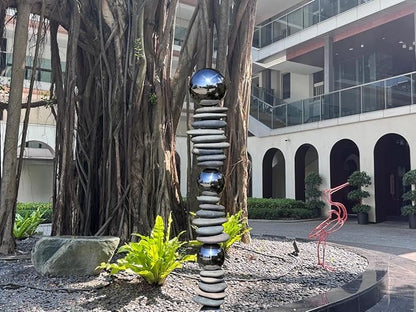 Zen Garden Ourdoor Decor - 32" Rock & Stainless Steel Sphere Sculpture Stake, Modern Yard Art for Landscape, Patio, or Pathway