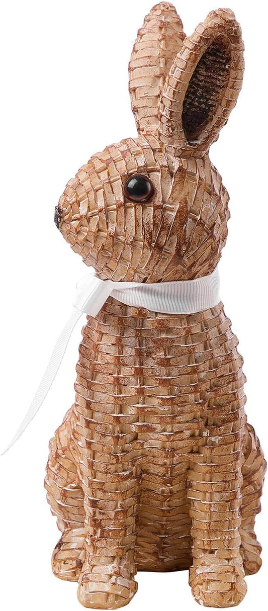 Rattan Rabbit Woven Rabbit Bow Resin Ornaments for Home Courtyard Lawn Tabletop and Easter Decoration to Enhance The Easter Atmosphere Preferred Easter Gifts (8.1in Brown Seat)