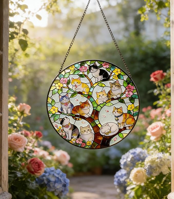 Stained Glass Window Hanging - A Few Kittens in Colorful Tree of Life on a Branch Suncatcher for Doors Home Decoration and Christmas, Mother's Day Birthday for Women Men Mom 7.8 * 7.8 inch