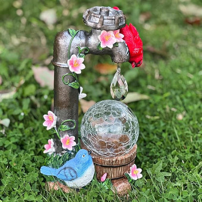 Solar Cardinal Garden Statue Decoration, Water Faucet and Solar Light Glass Ball, Outdoor Resin Garden Statue, Cardinal Gift, Women's Mother's Birthday Gift, Size 9.45 inches