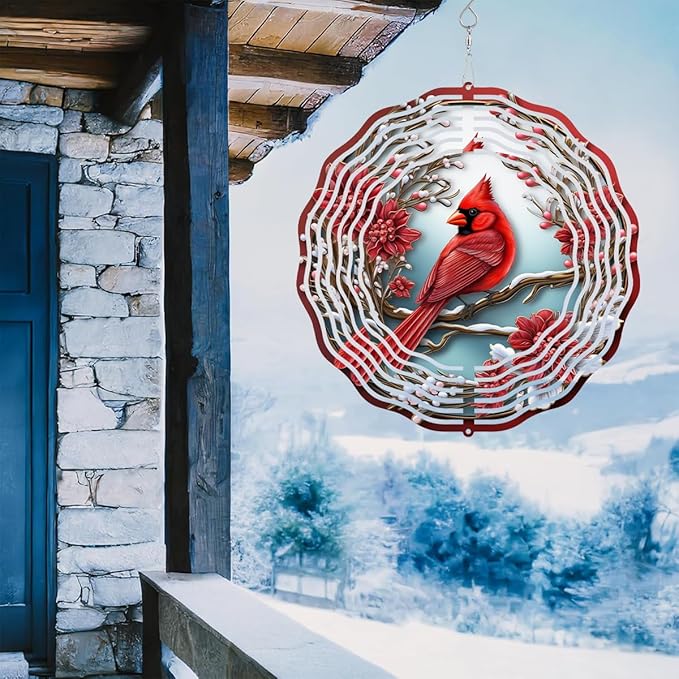3D Cardinal Bird Wind Spinner 10 Inch Stainless Steel Metal Art Kinetic Sculpture Red Bird Hanging Ornament for Garden, Yard, Patio, and Home Décor Christmas Decor