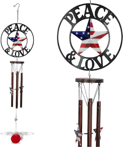 CoTa Global Peace and Love USA Flag Wind Chime - Handmade Metal Hanging Decor, Patriotic Garden Ornament with Copper-Tone Wind Chime Tubes, Indoor Outdoor Porch Patio Yard Decoration - 33 Inches