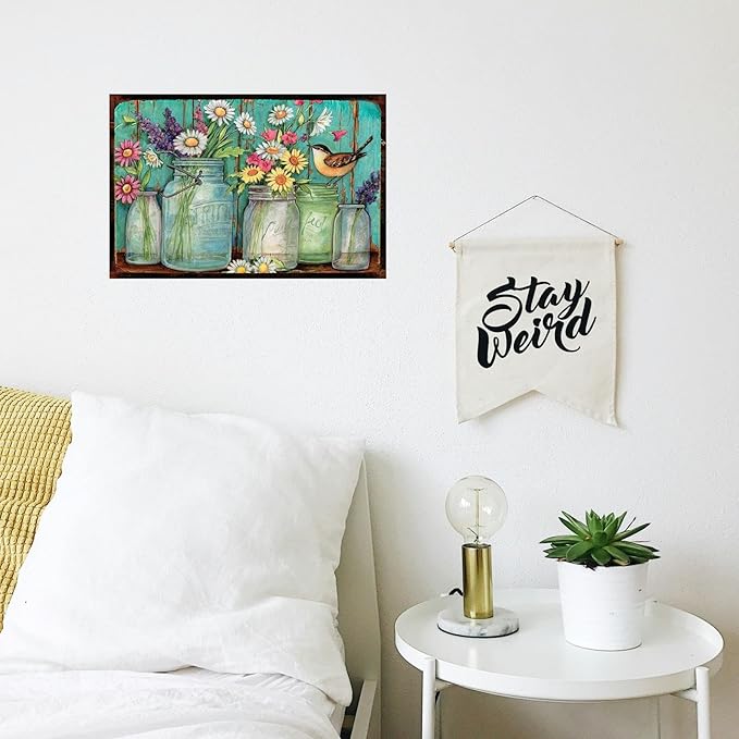 Korrazi Flowers-Sign Metal-Poster Wall-Art Bird-Décor, Colorful Rustic Style Flowers Jars, Yard Garage Farm Outside Garden Plaque Outdoor for Home Fence 8 X 12 Inch