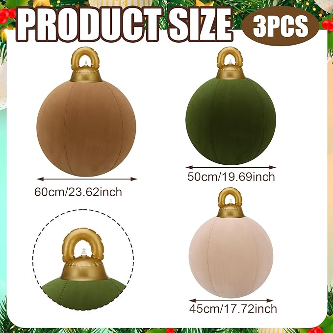 Jenaai 3 Pcs Giant Velvet Christmas Inflatable Ball Ornament Large PVC Christmas Inflatable Balls 3 Size 24" 20" 18" Xmas Hanging Ornaments Outdoor Decor for Lawn Porch Yard(Classic)