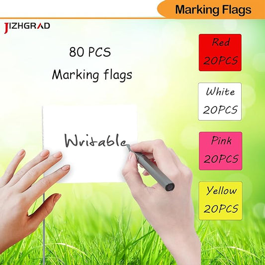 80Pack Red&White&Pink&Yellow Marking Flags, JIZHGRAD 15x4x5 Inch Marker Flags Use for Yard & Lawn, Boundary & Dog Training, Survey & Landscape, Sprinkler & Surveyor, Garden & Construction, High Visibility, Sturdy, Versatile, UV & Weather Resistant