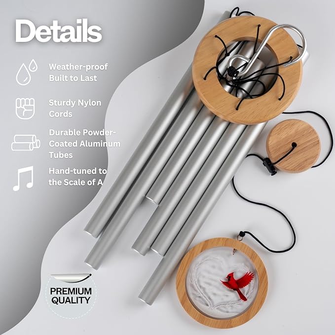 Wind Chimes for Outside, Wind Chimes Outdoor Clearance, Deep Tone Outdoors, Cardinal Wind Chime, Memorial, Sympathy Gift, Patio, Porch, Home Décor, Modern, Acrylic Art, Silver (34" Cardinal)