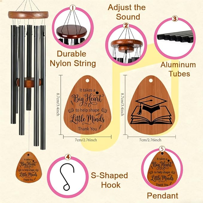 Wind Chime Gift for Teacher, Garden Decor Wind Chimes for Graduation Teacher Appreciation Thank You Gift On Thanksgiving Birthday