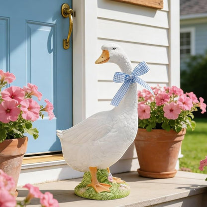 DiliComing Porch Goose Statue Outdoor Decor - 12 Inch Resin Garden Goose Statues Weatherproof Lawn Sculpture for Front Porch Yard Patio Gifts for Grandma Mom Women