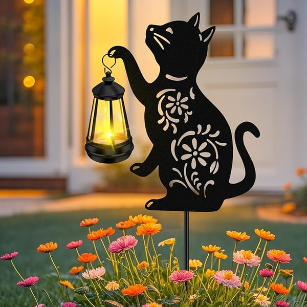 ZFNN Solar Garden Statues Cat Decor - Outdoor Metal Lantern Silhouette Stake, Waterproof Solar Lights for Yard Patio Lawn Pathway Art Decoration, Unique Gardening Gifts for Women Mom Cat Lovers