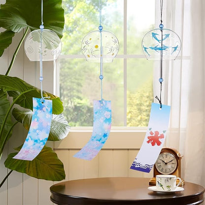 BENECREAT 3Pcs 3 Style Animal Pattern Japanese Wind Chimes, Light Sky Blue Glass Wind Bells Handmade Pendants for Birthday Gift and Home Decors