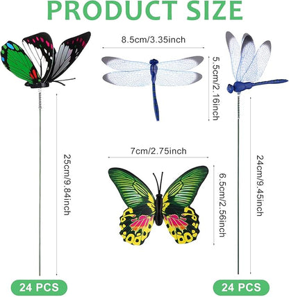 48 Pcs 3D Dragonfly Butterfly Garden Decor Dragon Fly Butterfly Garden Stakes with Sticks Colorful Butterflies Dragonflies Yard Art Ornaments for Indoor Outdoor Planter Pot Pathway Patio Decoration