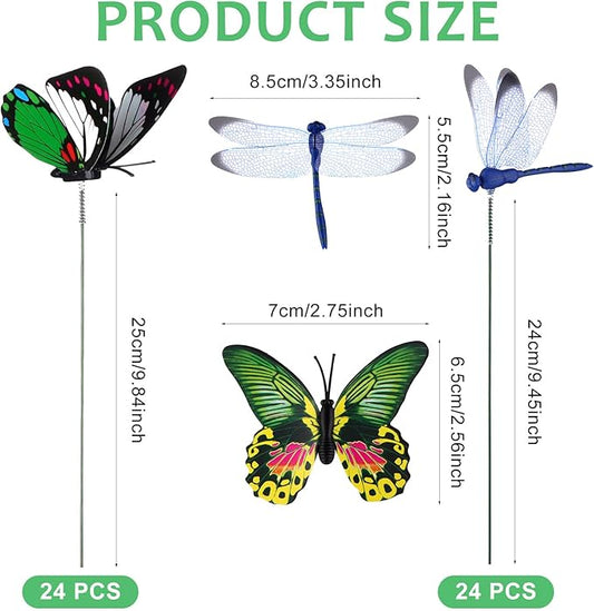 48 Pcs 3D Dragonfly Butterfly Garden Decor Dragon Fly Butterfly Garden Stakes with Sticks Colorful Butterflies Dragonflies Yard Art Ornaments for Indoor Outdoor Planter Pot Pathway Patio Decoration