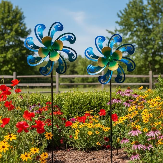 2 Packs Outdoor Metal Wind Spinner, Blue Wind Sculptures Windmill with Stake,Kinetic Yard Art Decor Pinwheels for Garden Outside Patio Lawn