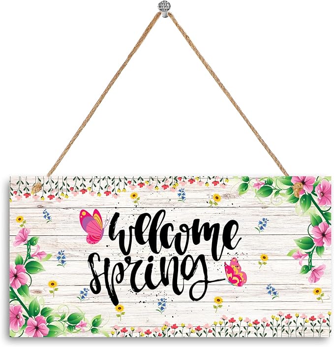 Hinnovy Welcome Spring Door Sign – Hanging Farmhouse Wall Decor for Porch, Kitchen, Living Room, Patio – Flower Indoor & Outdoor Holiday Decoration – House Warming Gifts New Home- 11.8" x 5.9"