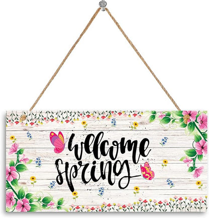 Hinnovy Welcome Spring Door Sign – Hanging Farmhouse Wall Decor for Porch, Kitchen, Living Room, Patio – Flower Indoor & Outdoor Holiday Decoration – House Warming Gifts New Home- 11.8" x 5.9"