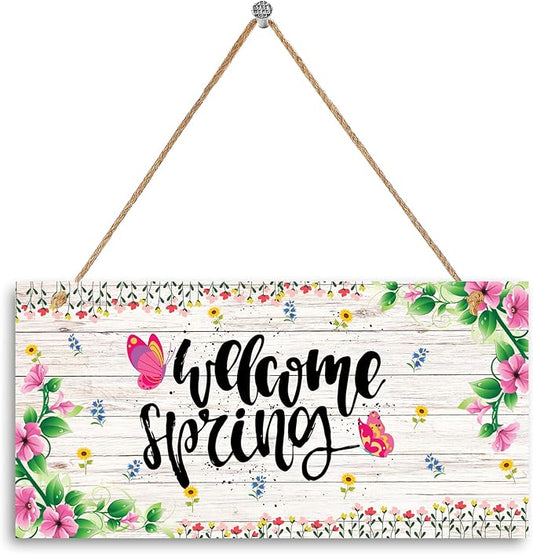 Hinnovy Welcome Spring Door Sign – Hanging Farmhouse Wall Decor for Porch, Kitchen, Living Room, Patio – Flower Indoor & Outdoor Holiday Decoration – House Warming Gifts New Home- 11.8" x 5.9"