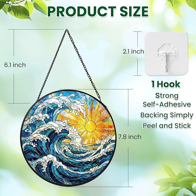 Stained Glass Window Hanging, Sun and Sea Waves Stained Glass Suncatcher, Window Decor Sea Wave Scenery Lover Gift for Women, Couples, Best Friend, Family, Colleague, Classmate 7.8 Inch