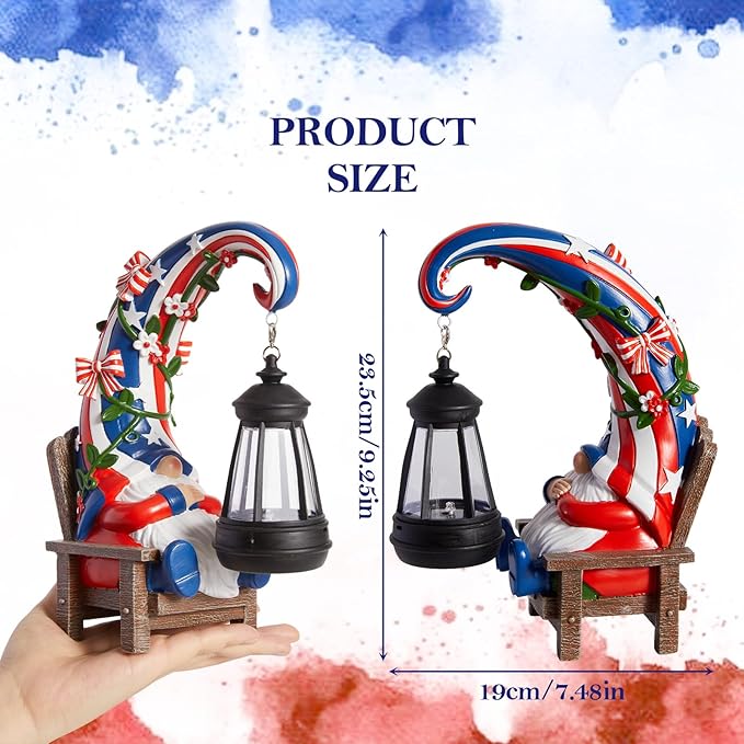 WDS WONDROUS Solar Garden Gnome Statue Decor with LED Lights 4th of July Gnome Decorations for Yard Outdoor Patio Lawn Balcony Decor Birthday Gift for Woman Grandma Outside Independence Day Sulptures