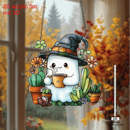 Halloween Cute Ghost Suncatcher,Fun Decoration Plant Light Sun Catcher，Acrylic Window Hanging Indoor Outdoor for Family Art Wall Decor，Women Friends Neighbor Halloween Party Gift 7.8inch
