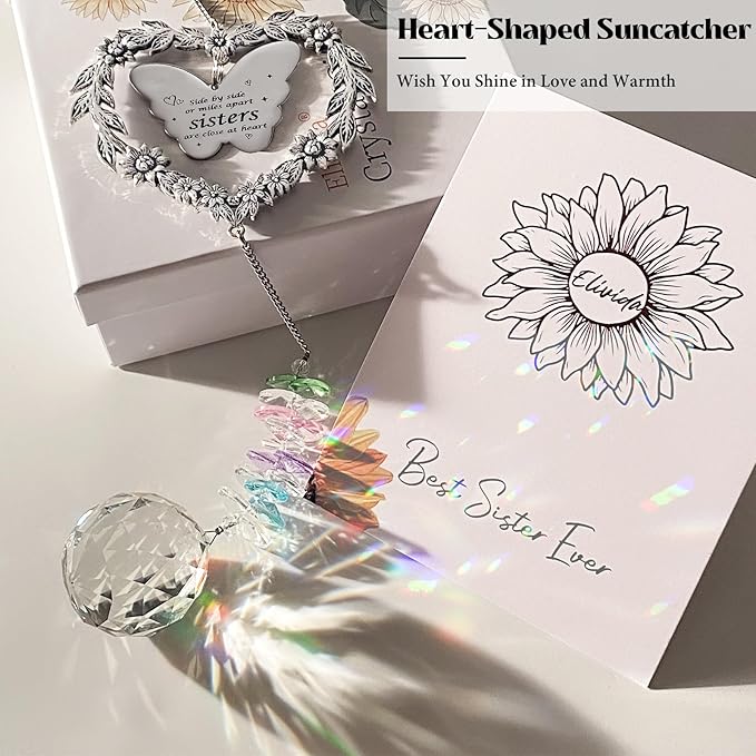 Suncatcher Gift for Sister Birthday, Best Sister Ever Crystal Hanging Ornament, Unique Sun Catcher for Indoor Windows, Heart Shaped Rainbow Maker